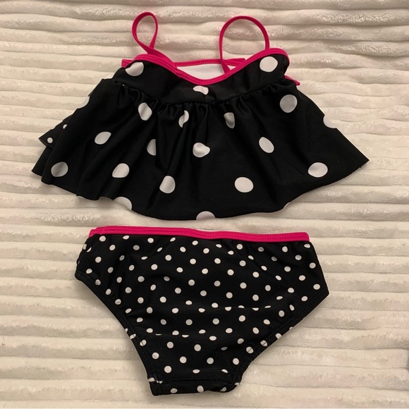 Baby Girl’s 18M Black Polka Dot Hot Pink Trim Takini 2-PC Swimsuit Tiered Top EC - Picture 8 of 14